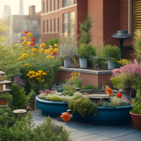 A serene rooftop garden scene with lush greenery, vibrant flowers, and a few ladybugs, lacewings, and praying mantis scattered among the plants, surrounded by a few birdhouses and a birdbath.