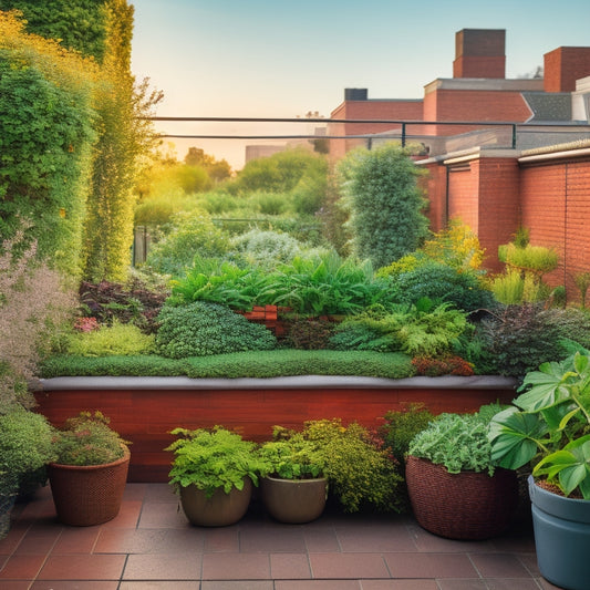 A lush, verdant rooftop garden with a mix of flowering plants, leafy greens, and vines, incorporating a trellis system, tiered planters, and a living wall with built-in irrigation.