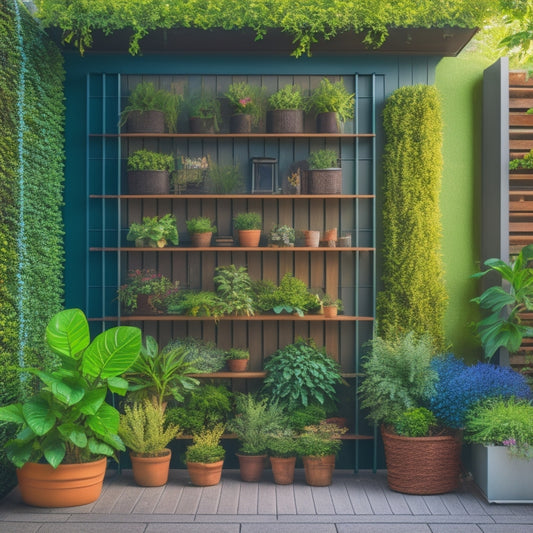 An illustration of a serene, clutter-free backyard with a lush, thriving vertical garden, featuring a trellis with vines, a living wall with herbs, and a DIY shelving unit with potted plants.