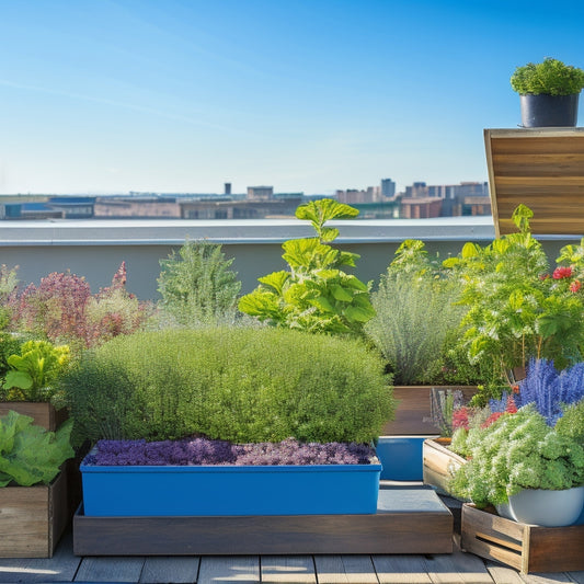 A serene rooftop oasis featuring a mix of rectangular planters, wooden crates, and ceramic pots in varying sizes, overflowing with lush green vegetables, herbs, and colorful flowers, set against a bright blue sky.