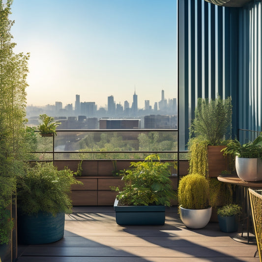 A serene rooftop scene with a trellised green wall, wooden planters, and hanging baskets overflowing with lush greenery, surrounded by sleek modern cityscape views and a sunny blue sky.