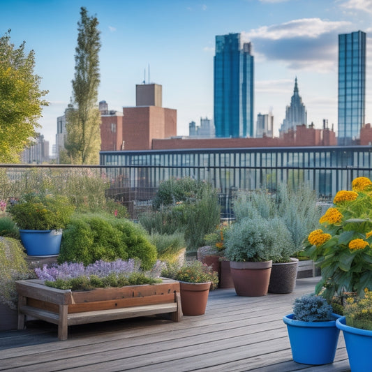 A serene rooftop garden in a bustling cityscape, with lush greenery and vibrant flowers thriving in tiered planters, amidst rustic wooden benches and modern windbreaks, under a cloudy blue sky.