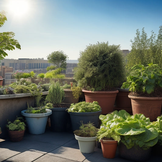 A serene rooftop garden scene with lush green vegetables and herbs, surrounded by repurposed containers filled with natural fertilizers like compost, manure, and bokashi, under a sunny blue sky.