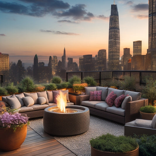 A rooftop garden at sunset with a circular fire pit surrounded by plush outdoor seating, lush greenery, and modern lanterns, overlooking a cityscape with towering skyscrapers.