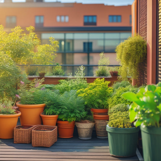 A serene rooftop scene with a small, wooden planter box overflowing with lush, green herbs like basil and rosemary, surrounded by potted flowers and a trellis with climbing vines.