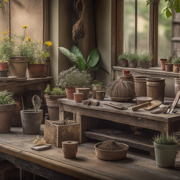 A rustic wooden workbench cluttered with DIY supplies, surrounded by half-finished concrete planters, with a few potted plants and scattered tools, against a warm, natural light-filled background.