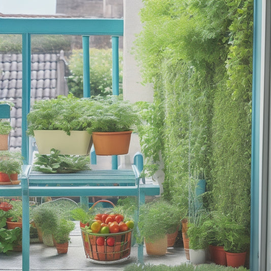 A compact, vibrant vegetable garden in a small urban balcony, with a trellis supporting climbing peas, cherry tomatoes spilling from a window box, and a few potted herbs on a tiny bistro table.