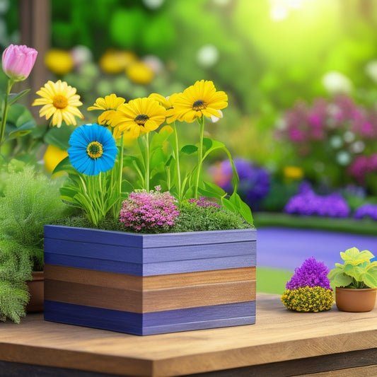 A colorful illustration of a wooden block planter with measuring tapes, rulers, and conversion charts surrounding it, set against a natural garden background with blooming flowers and lush greenery.