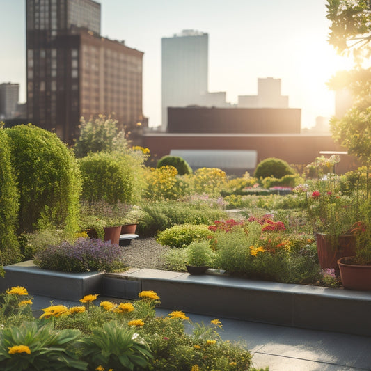 A serene rooftop garden on a sunny day, with lush greenery and vibrant flowers, featuring a subtle, sleek, and modern automated irrigation system in the background, with gentle water mist surrounding the plants.