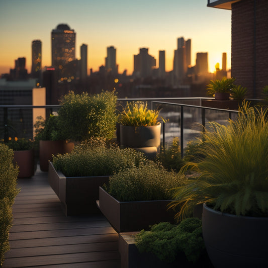 A serene rooftop garden scene at dusk, with warm lighting casting a golden glow on lush greenery overflowing from balcony railing planters, surrounded by sleek modern cityscape.