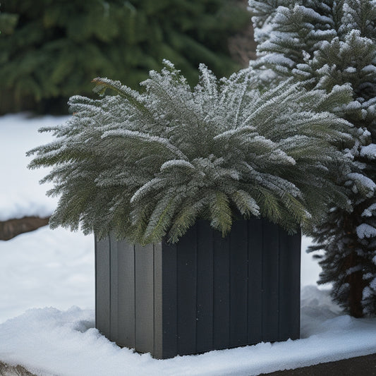 A winterized cinder block planter with a protective wooden lid, surrounded by snow-covered evergreen branches and holly, with a few frosty leaves and twigs scattered around.