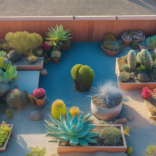 Aerial view of a desert rooftop garden with vibrant succulents, prickly pear cacti, and drought-tolerant grasses thriving amidst rocky outcroppings and weathered wooden planters under a bright blue sky.