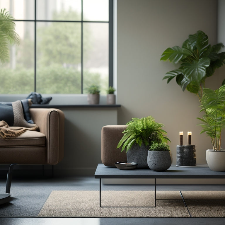 A minimalist interior scene featuring a modern living room with a concrete block planter on a sleek coffee table, holding a lush green fern, surrounded by industrial-chic decor and natural light.