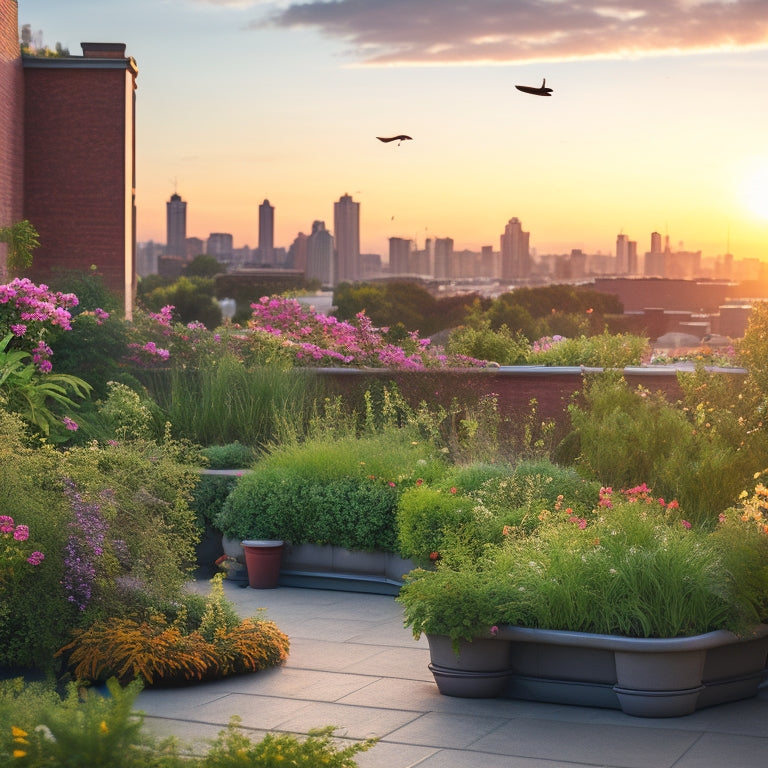 A serene rooftop garden scene at sunset, with lush greenery and vibrant flowers, featuring a few birds and beneficial insects like ladybugs and lacewings amidst the foliage.