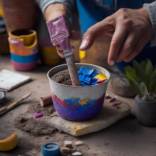 A photograph of a person's hands holding a worn, grey concrete planter with visible cracks, surrounded by scattered upcycling materials like paintbrushes, glue, and colorful tiles.