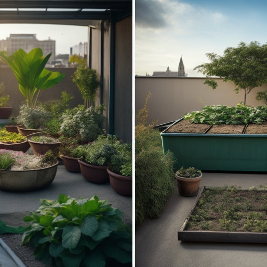 A split-screen image: a barren, cracked rooftop on the left, and on the right, a thriving rooftop garden with lush green vegetables, surrounded by wooden planters, and a wheelbarrow filled with dark, rich soil.