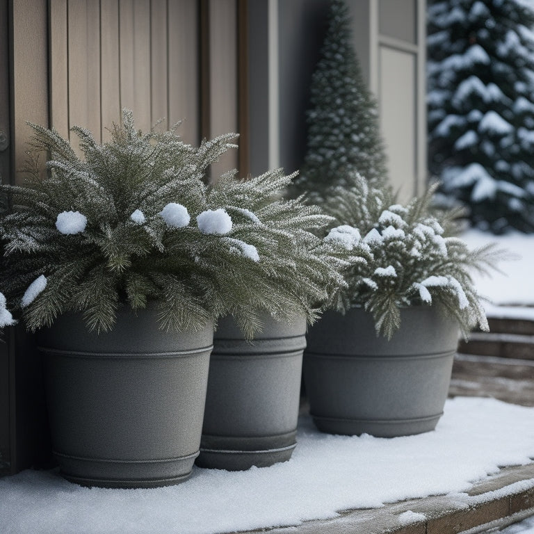 A serene winter scene featuring a few empty patio planters, some with dead foliage, surrounded by snowflakes gently falling on a frozen patio, with a few evergreen branches in the background.