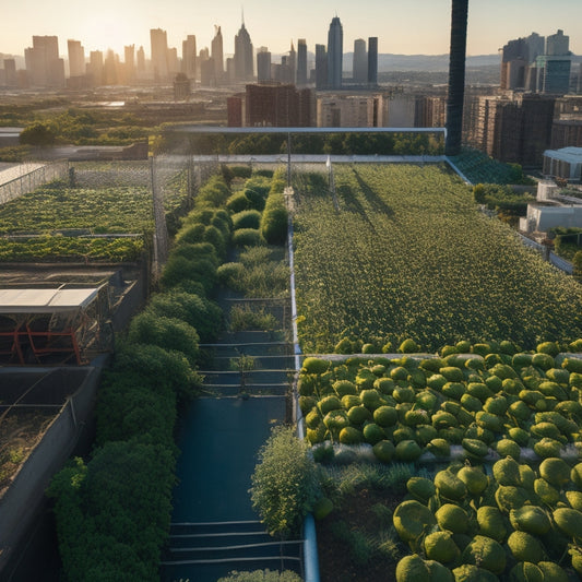 An aerial view of a lush rooftop farm with vibrant green vegetables and flowers, surrounded by a network of irrigation pipes and trellises, with a blurred cityscape in the background.