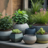 An arrangement of 5-7 unique DIY planters made from upcycled concrete, showcasing different shapes, sizes, and textures, surrounded by lush greenery and flowers in a modern outdoor setting.