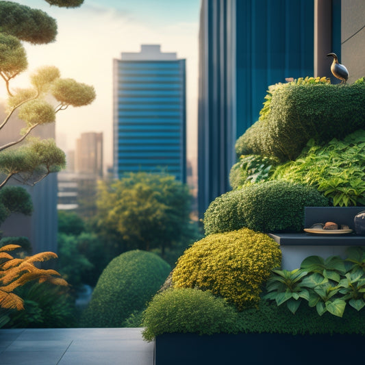 A serene, modern cityscape with a lush, verdant living wall on a sleek, gray high-rise building, surrounded by vibrant greenery, with a few birds perched on the rooftop garden.