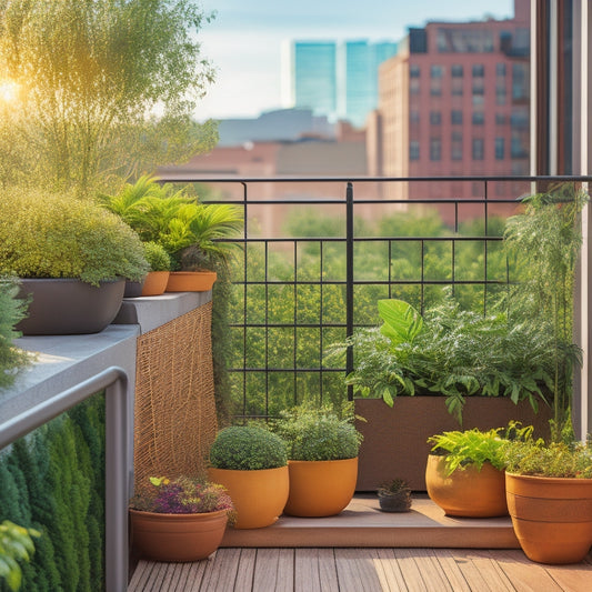 A lush, thriving balcony garden with a trellis supporting climbing vines, surrounded by a variety of potted plants, a wooden planter box, and a sleek, modern railing with a cityscape in the background.