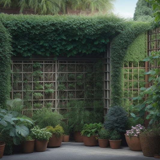 A serene garden scene with three DIY garden walls, each with varying air circulation features: wall-mounted trellis with vines, lattice panels, and a living wall with lush greenery.