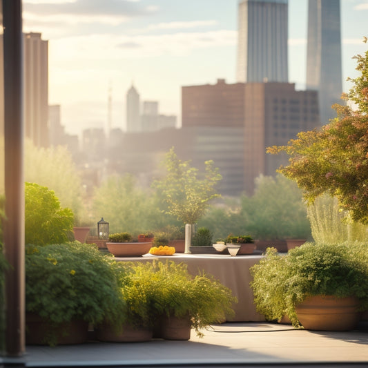 A serene rooftop garden scene with lush greenery and vibrant flowers, shaded by a strategically draped shade cloth in a warm beige color, with a cityscape in the blurred background.