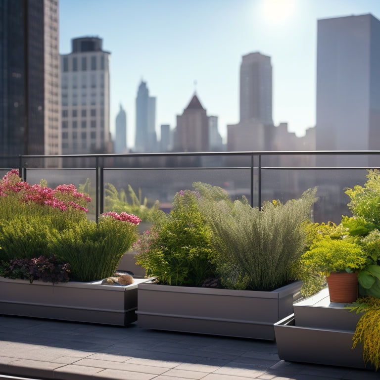 A sunny rooftop with a sleek, modern, rectangular planter system, featuring a mix of lush greenery, vibrant flowers, and leafy herbs, with a cityscape background and a few puffy white clouds.