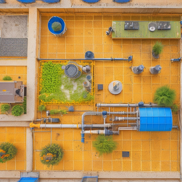 An overhead view of a rooftop irrigation system with pipes, valves, and sprinkler heads, with a few components highlighted in yellow or orange to indicate repair or maintenance areas.