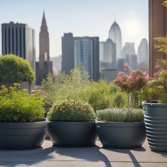 A serene rooftop garden scene with three large, overflowing planters in the foreground, surrounded by lush greenery, amidst a cityscape backdrop with a sunny blue sky.