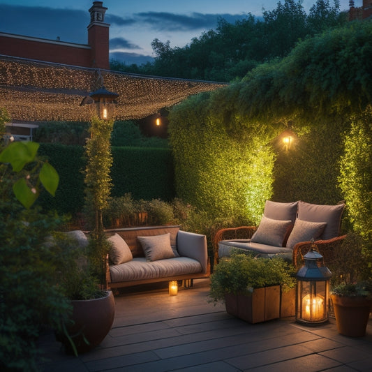 A serene rooftop garden at dusk, with lush greenery and vines climbing up a trellis, illuminated by soft, warm string lights and lanterns, with a few garden beds highlighted by spotlights.