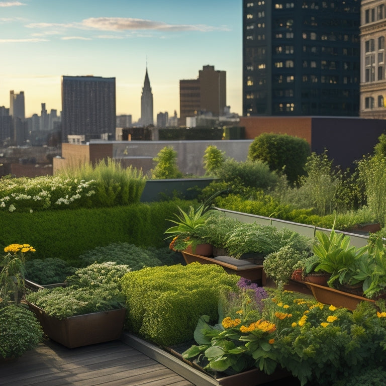 A serene rooftop garden with lush green vegetables, vibrant flowers, and a few butterflies, surrounded by a sturdy metal railing, with a subtle cityscape in the background.