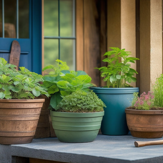 A serene, well-lit garden scene featuring three stenciled planters in varying sizes, each overflowing with lush greenery, set against a rustic wooden backdrop with a few scattered gardening tools.