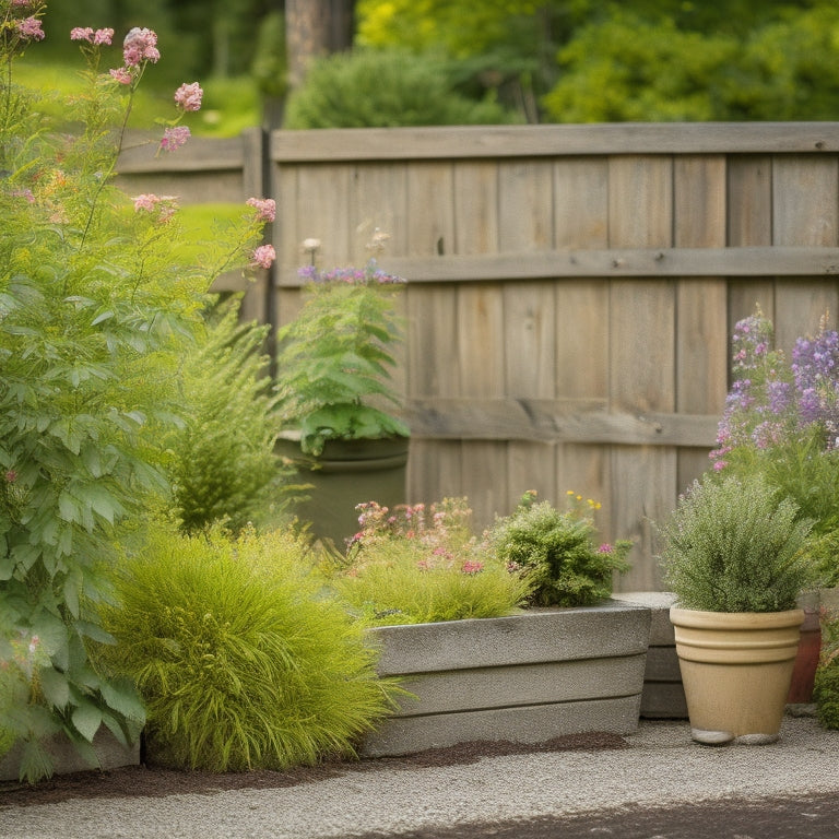 A rustic backyard scene featuring a weathered wooden fence, lush greenery, and three distressed cinder block planters in varying sizes, overflowing with vibrant wildflowers and moss.