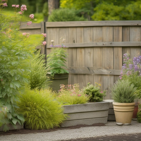 A rustic backyard scene featuring a weathered wooden fence, lush greenery, and three distressed cinder block planters in varying sizes, overflowing with vibrant wildflowers and moss.