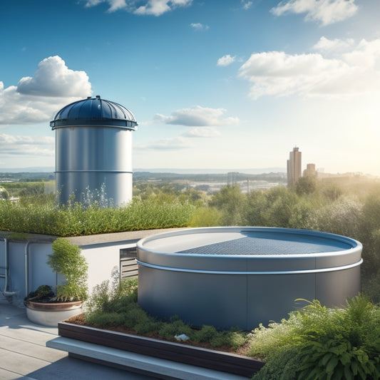 An illustration of a modern rooftop garden with a sleek, grey water tank in the corner, surrounded by lush greenery, with pipes and gutters visible, set against a bright blue sky with fluffy white clouds.