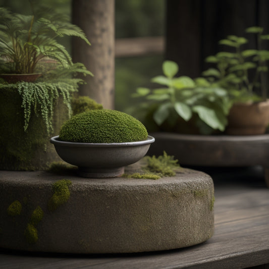 A concrete planter, weathered to a moss-covered gray, sits atop a vintage metal scale, surrounded by lush greenery, with a subtle background of worn wooden planks and soft, warm lighting.