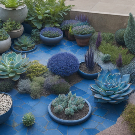 A serene rooftop garden with a mix of rounded and angular succulents in shades of green, blue, and purple, arranged in a modern, asymmetrical pattern on a light gray stone floor.