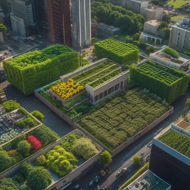 Aerial view of a bustling cityscape with a rooftop transformed into a lush, thriving vertical farm, featuring a maze of hydroponic towers, leafy green walls, and vibrant, colorful crops.