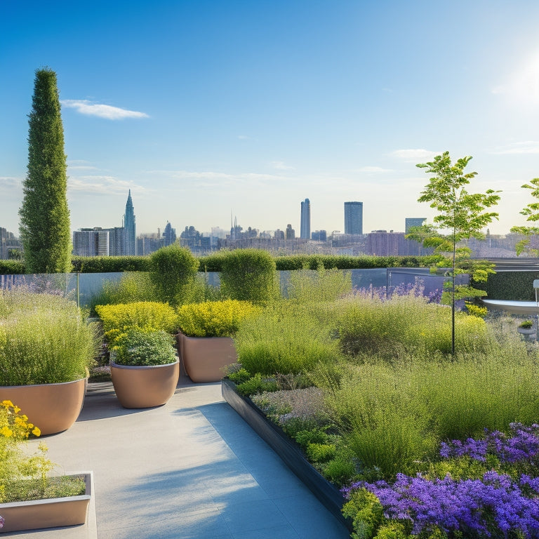 A serene rooftop garden with lush greenery and vibrant flowers, featuring a sleek and modern irrigation system with thin tubes and misting nozzles, set against a clear blue sky with a few puffy white clouds.