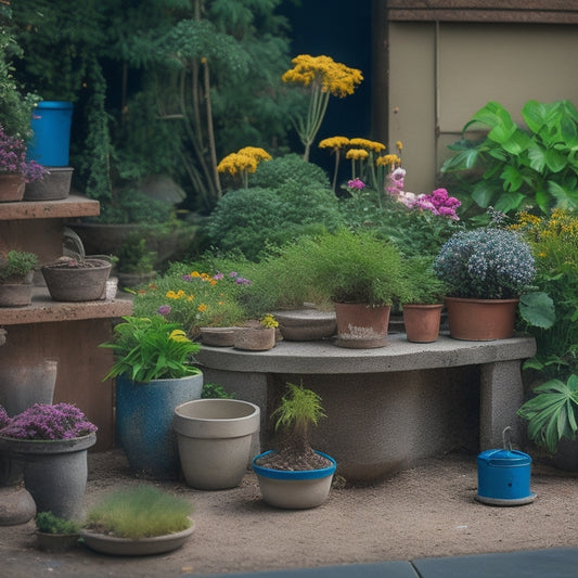 A messy workshop with concrete chunks, scattered tools, and a half-finished planter in the center, surrounded by lush green plants and a few finished planters with vibrant flowers.