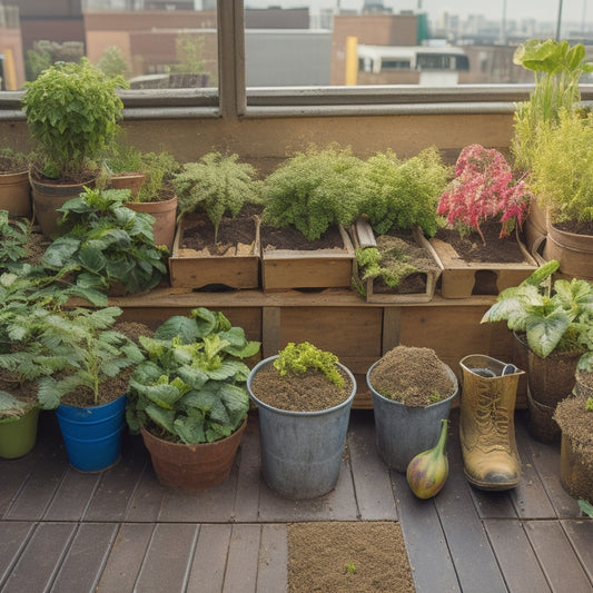 A rooftop vegetable garden with lush green plants, surrounded by repurposed containers like old boots, plastic bottles, and wooden crates, filled with earthy homemade fertilizers like coffee grounds and banana peels.