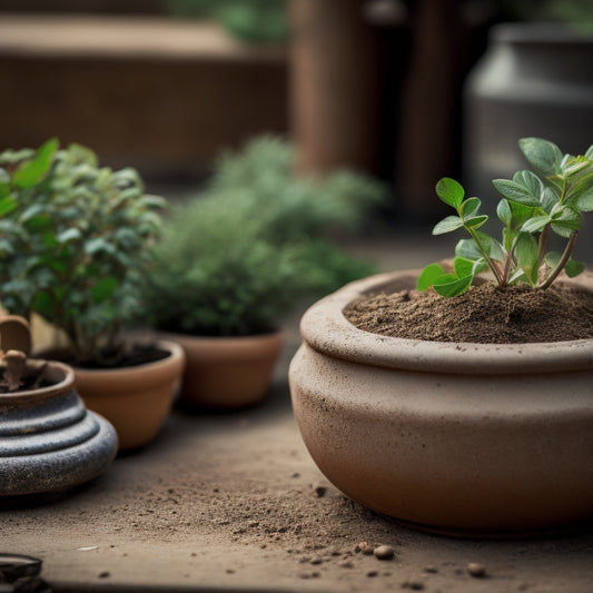 A close-up of a worn, earthy-brown terracotta herb planter, cracked and weathered, sitting on a wooden table, surrounded by a scattering of dry soil and small, withered herbs.