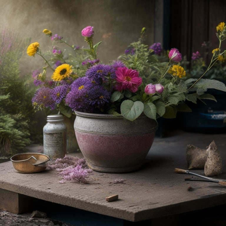 A worn, cracked concrete planter sits atop a weathered wooden table, surrounded by vibrant flowers and lush greenery, with a few scattered paintbrushes and a small paint can nearby, hinting at creative transformation.