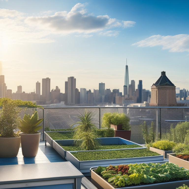 A rooftop scene with a lush, thriving hydroponic garden in white, modern containers, surrounded by a cityscape, with a bright blue sky and fluffy white clouds in the background.