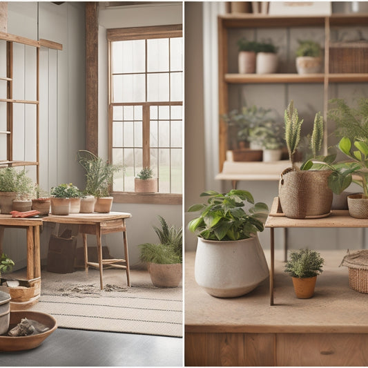 A split-screen image featuring a blank calendar on one side and a step-by-step planter assembly on the other, with tools, plants, and materials scattered around, in a bright and airy workshop.