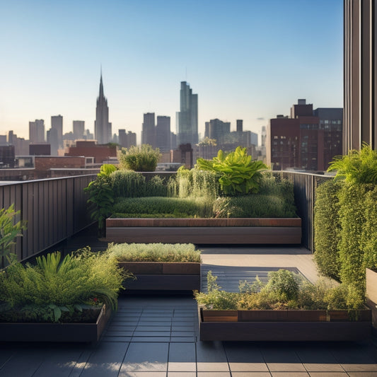 A serene rooftop garden in a compact urban setting, with lush greenery spilling from wooden planters and vertical trellises, surrounded by sleek cityscape and a few puffy white clouds.