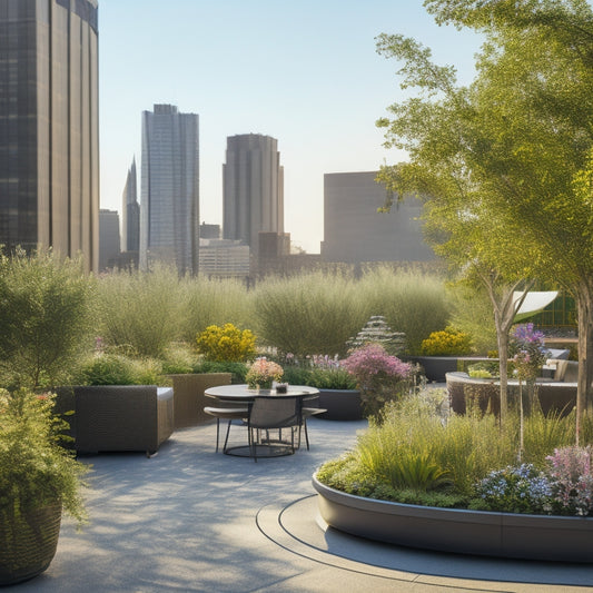 A serene rooftop garden with a small, curved seating area, surrounded by lush greenery, vibrant flowers, and a few potted trees, set against a warm, sunny cityscape backdrop with blurred skyscrapers.