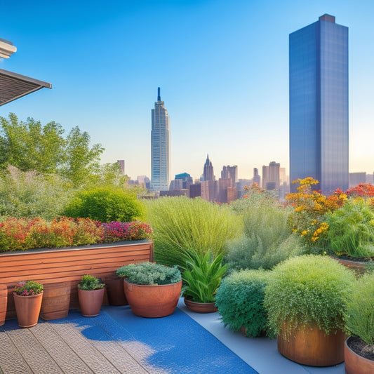 A serene rooftop container garden with lush greenery, vibrant flowers, and rustic wooden planters, surrounded by sleek modern skyscrapers and a bright blue sky with a few wispy clouds.
