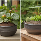 A split-screen image featuring three identical planters with varying soil depths: one filled to the brim, one with 1-2 inches of space, and one with 3-4 inches of space, surrounded by lush greenery.